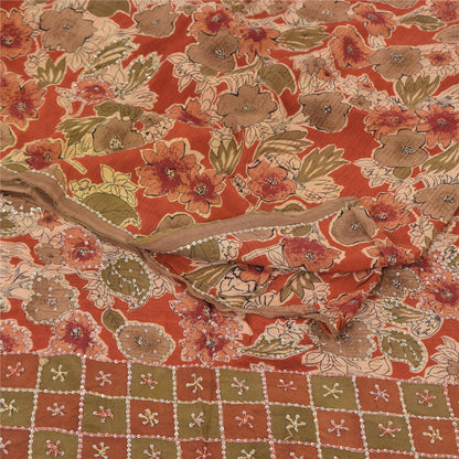 Sanskriti Vintage Sarees Orange Hand Beaded French Knot Pure Crepe Sari Sustainable Fabric