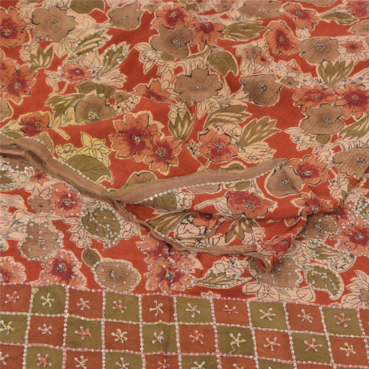 Sanskriti Vintage Sarees Orange Hand Beaded French Knot Pure Crepe Sari Sustainable Fabric