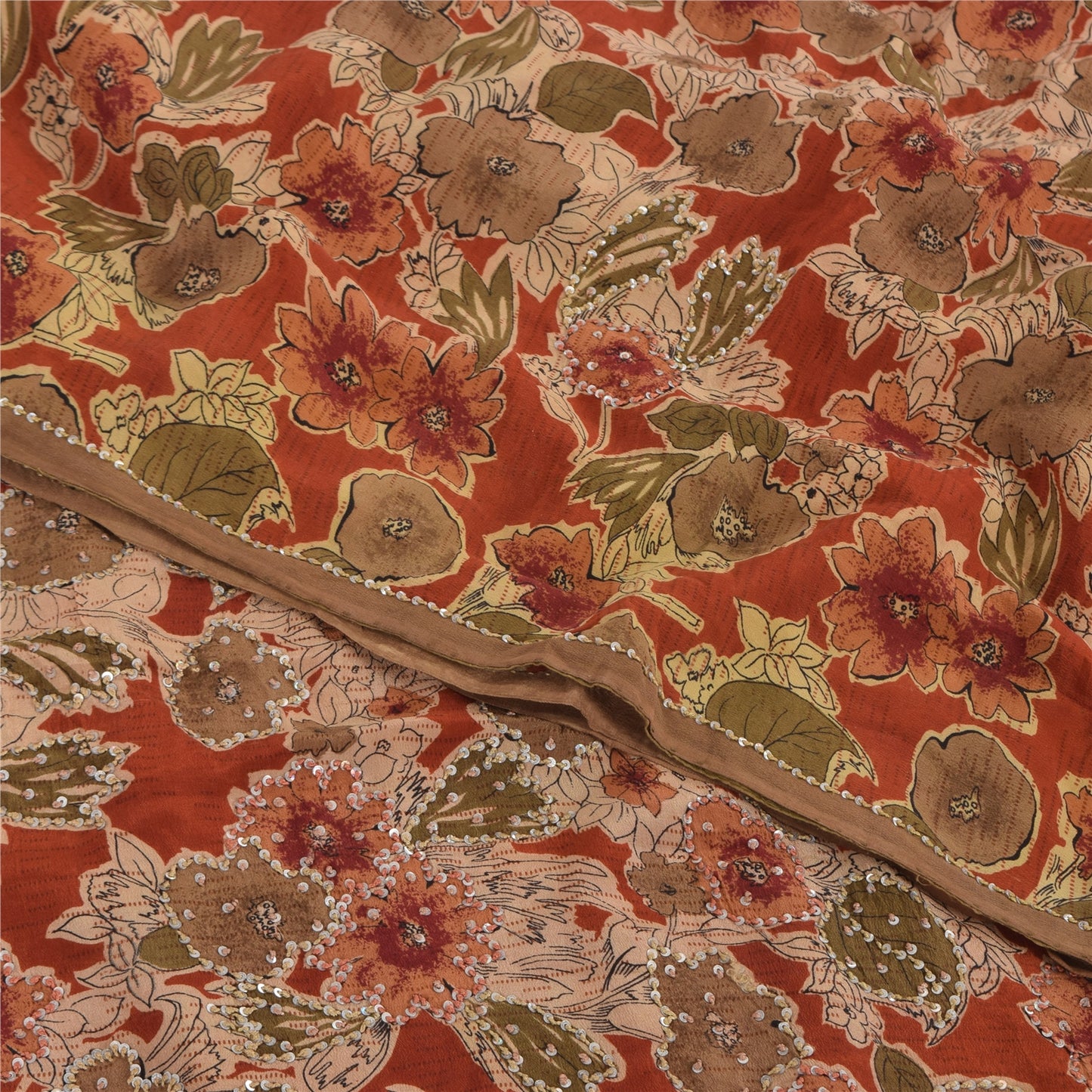 Sanskriti Vintage Sarees Orange Hand Beaded French Knot Pure Crepe Sari Sustainable Fabric