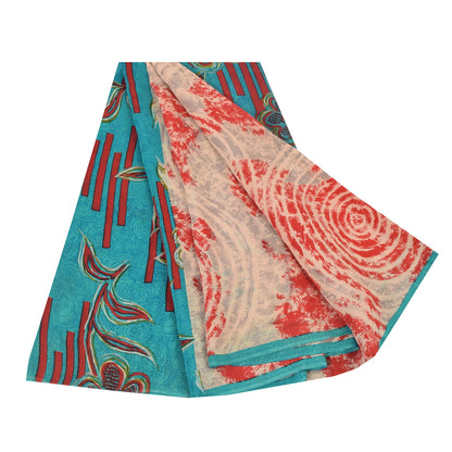 Sanskriti Vintage Sarees Red/Blue Pure Crepe Silk Printed Sari 5yd Craft Sustainable Fabric