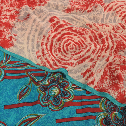 Sanskriti Vintage Sarees Red/Blue Pure Crepe Silk Printed Sari 5yd Craft Sustainable Fabric