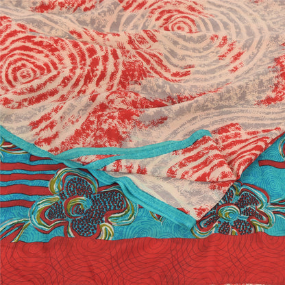 Sanskriti Vintage Sarees Red/Blue Pure Crepe Silk Printed Sari 5yd Craft Sustainable Fabric