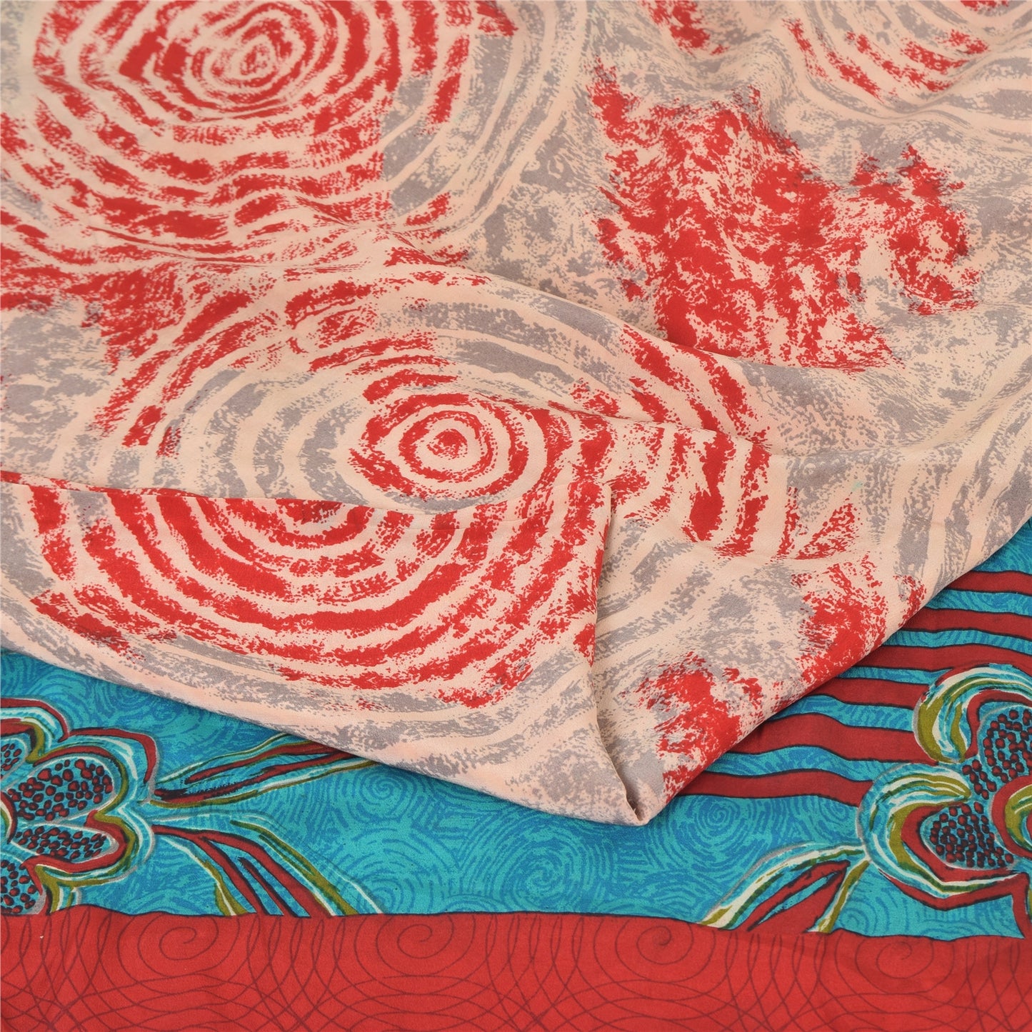 Sanskriti Vintage Sarees Red/Blue Pure Crepe Silk Printed Sari 5yd Craft Sustainable Fabric