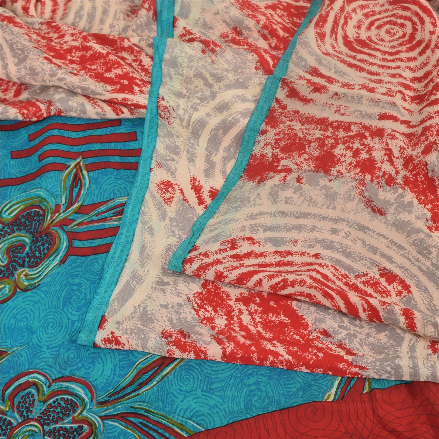 Sanskriti Vintage Sarees Red/Blue Pure Crepe Silk Printed Sari 5yd Craft Sustainable Fabric