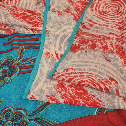 Sanskriti Vintage Sarees Red/Blue Pure Crepe Silk Printed Sari 5yd Craft Sustainable Fabric