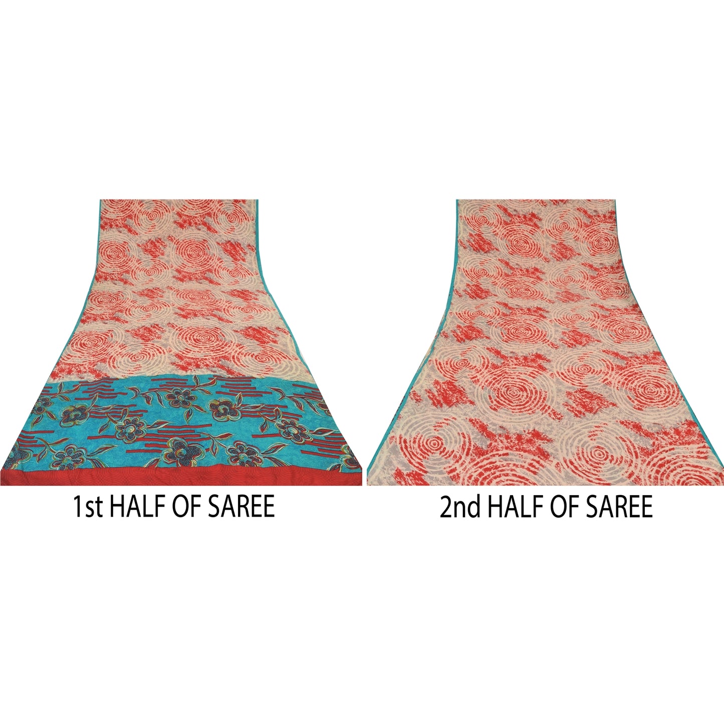 Sanskriti Vintage Sarees Red/Blue Pure Crepe Silk Printed Sari 5yd Craft Sustainable Fabric