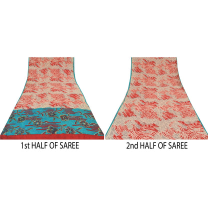 Sanskriti Vintage Sarees Red/Blue Pure Crepe Silk Printed Sari 5yd Craft Sustainable Fabric