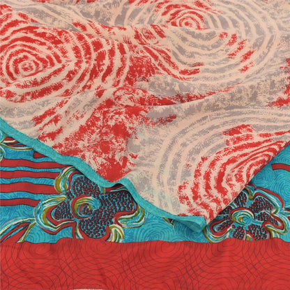 Sanskriti Vintage Sarees Red/Blue Pure Crepe Silk Printed Sari 5yd Craft Sustainable Fabric