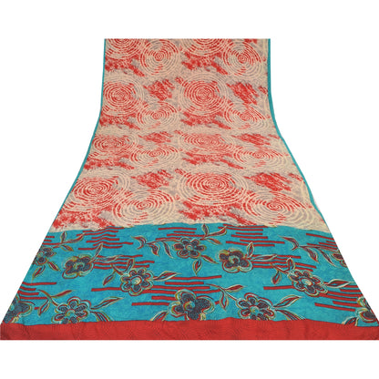 Sanskriti Vintage Sarees Red/Blue Pure Crepe Silk Printed Sari 5yd Craft Sustainable Fabric