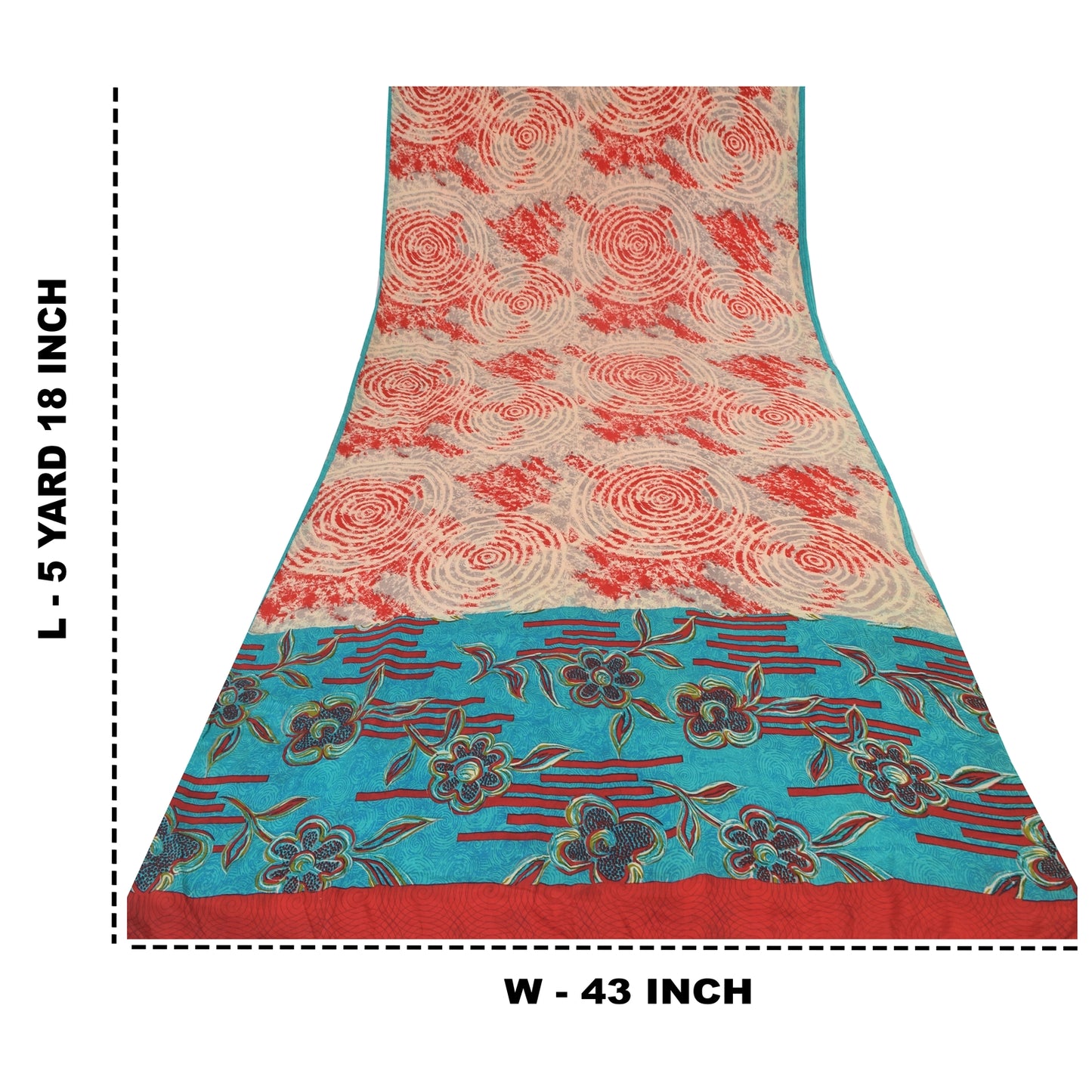 Sanskriti Vintage Sarees Red/Blue Pure Crepe Silk Printed Sari 5yd Craft Sustainable Fabric