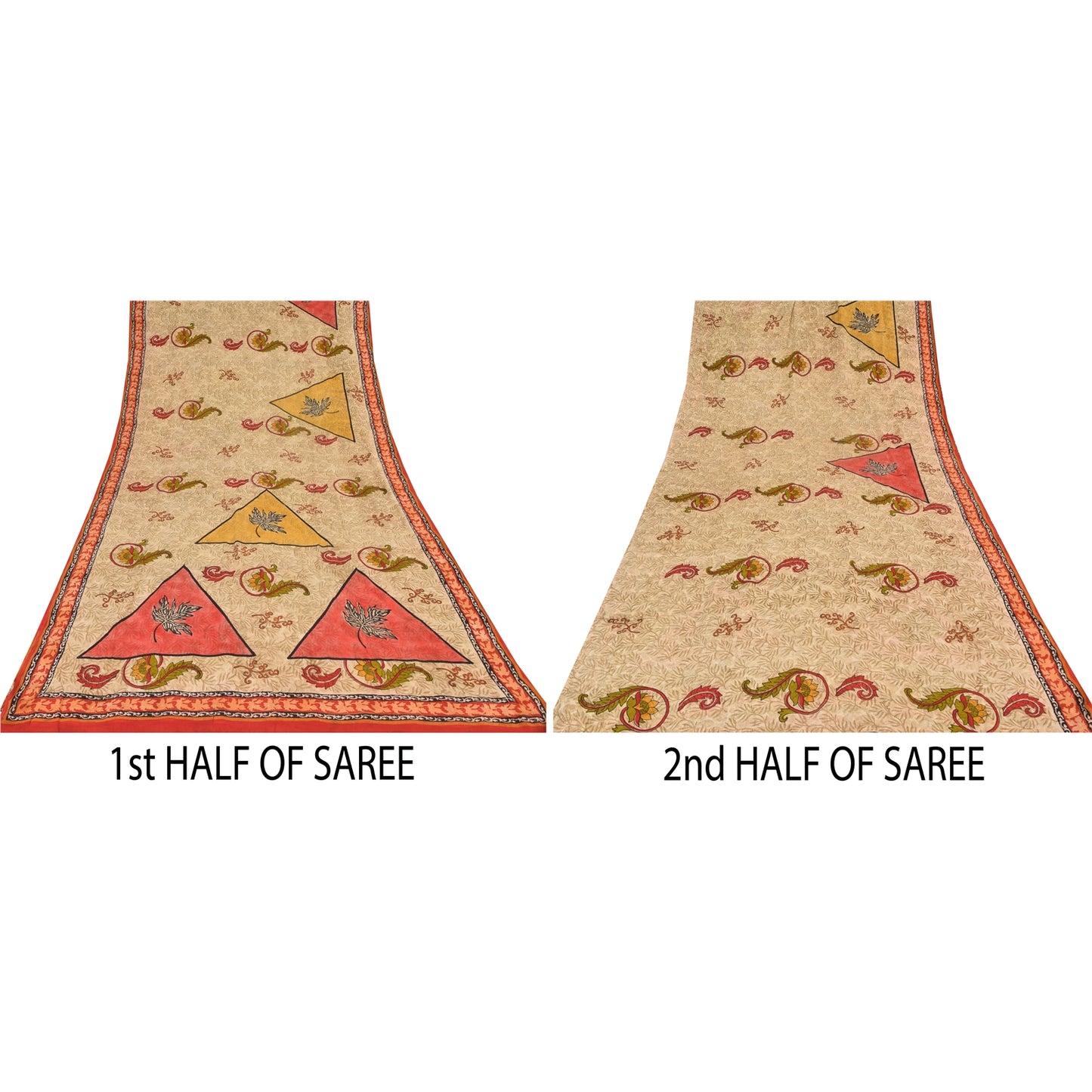 Sanskriti Vintage Sarees Cream 100%Pure Crepe Silk Printed Sari 5yd Craft Sustainable Fabric