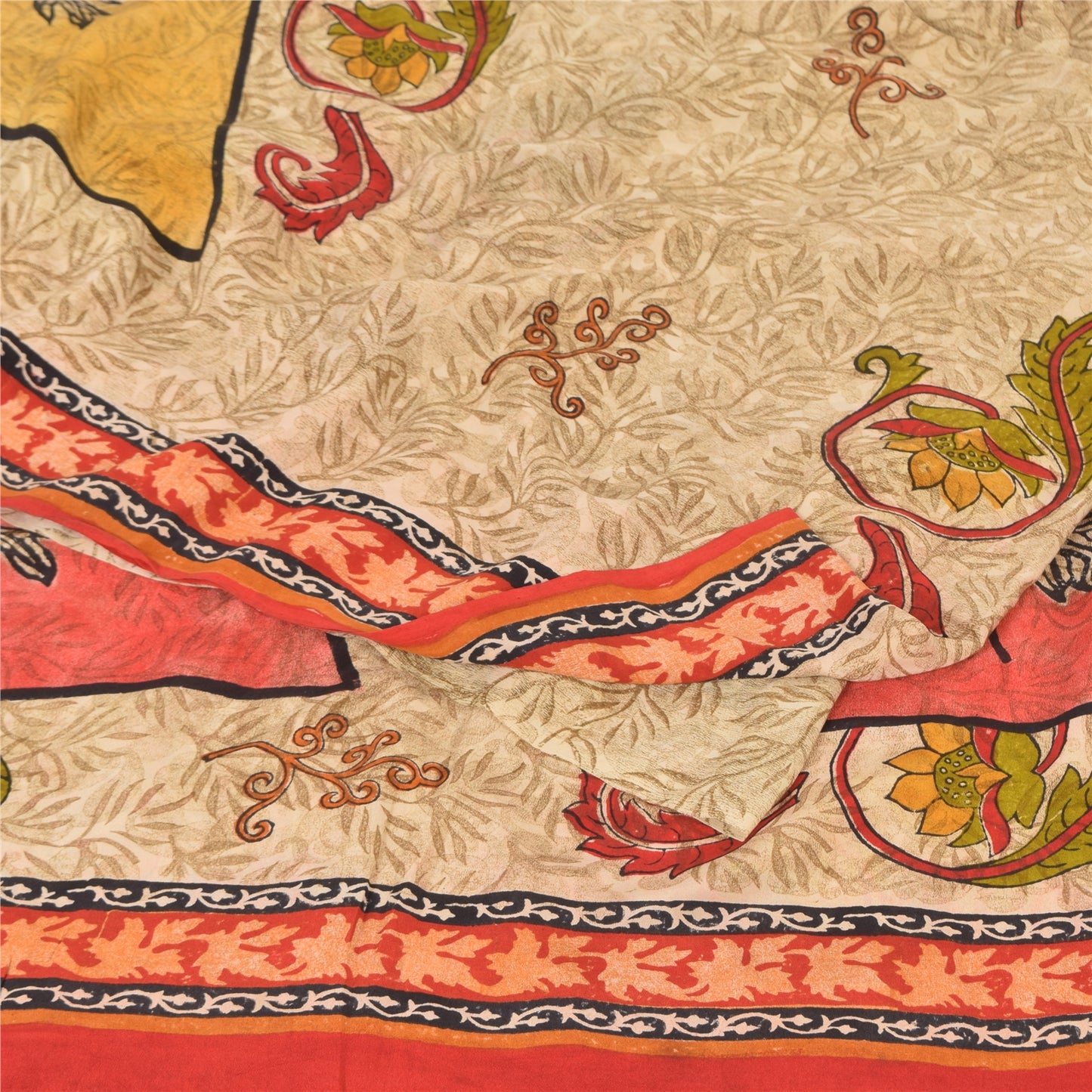 Sanskriti Vintage Sarees Cream 100%Pure Crepe Silk Printed Sari 5yd Craft Sustainable Fabric