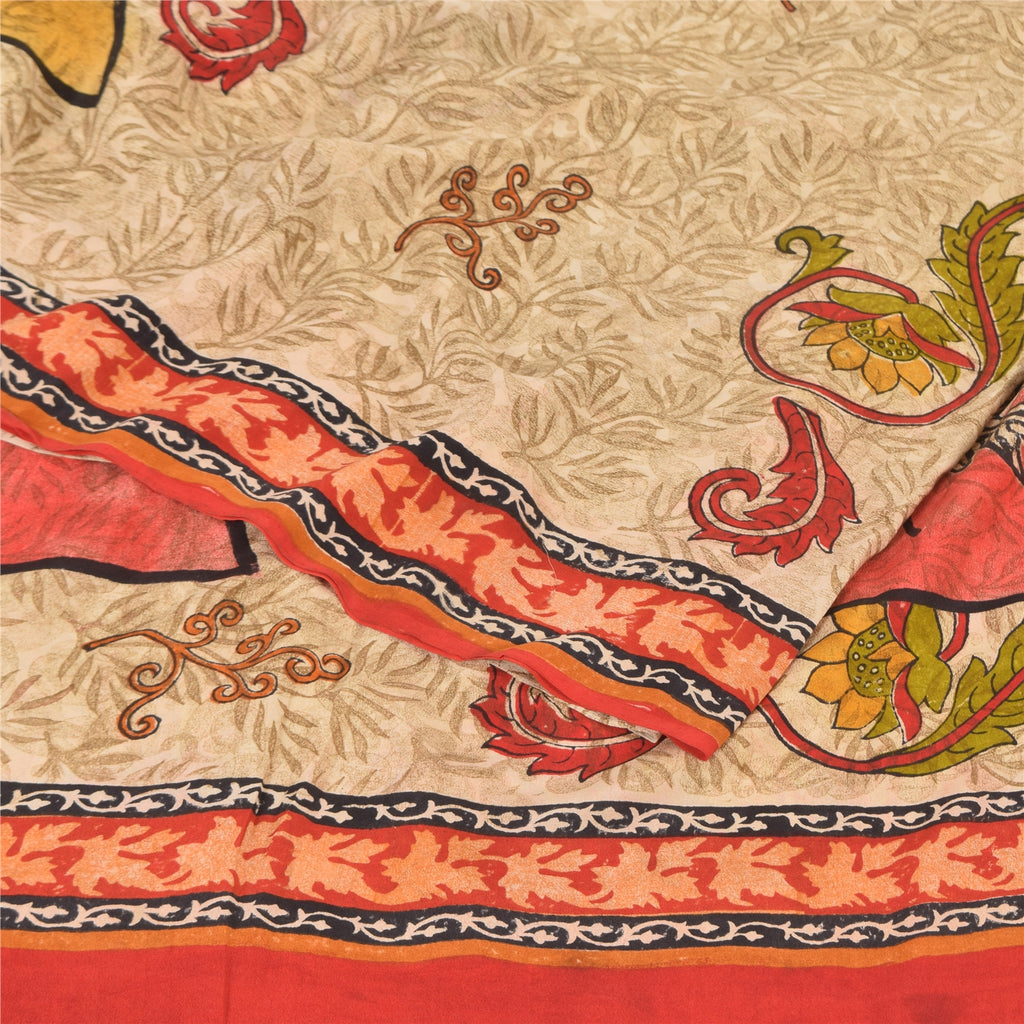 Sanskriti Vintage Sarees Cream 100%Pure Crepe Silk Printed Sari 5yd Craft Sustainable Fabric