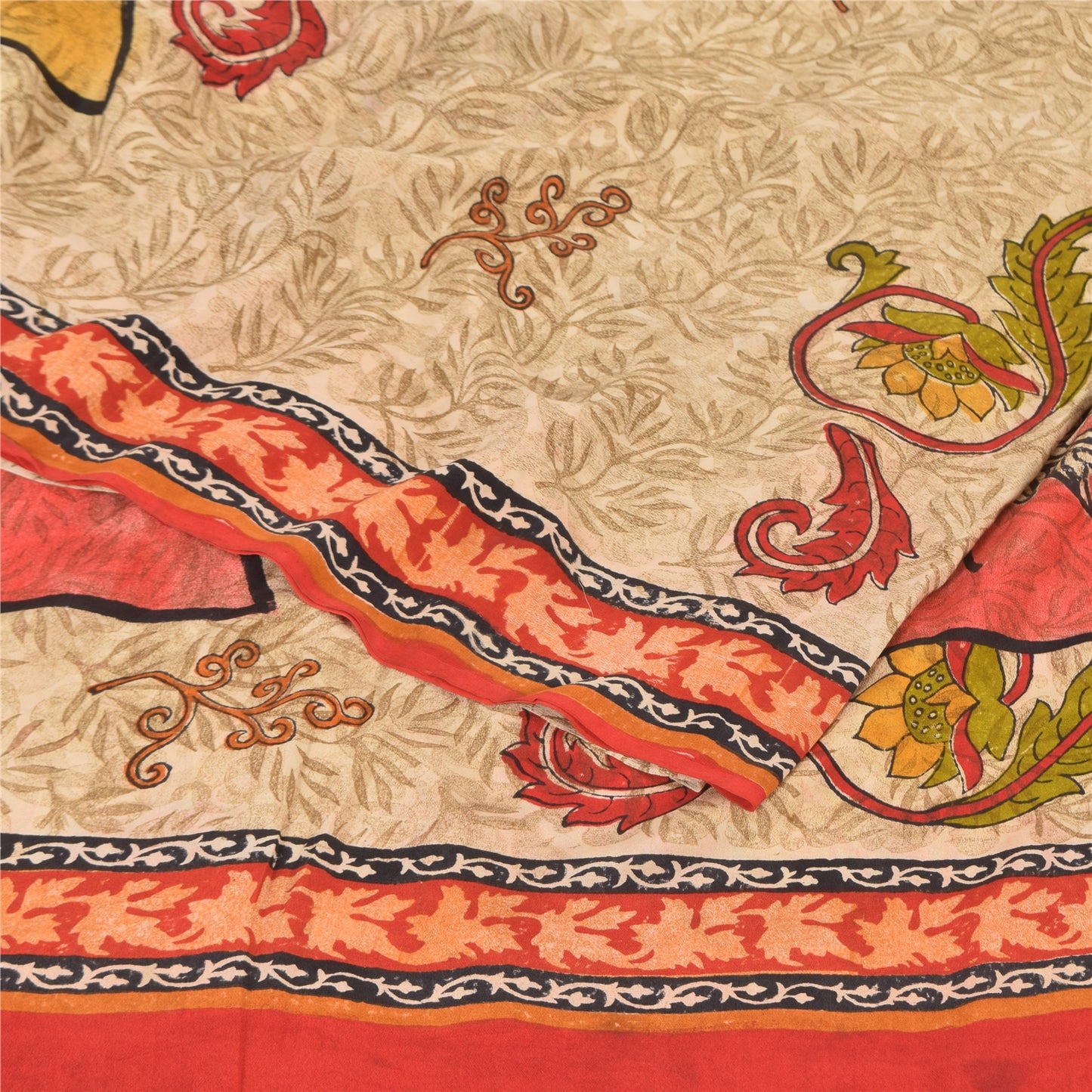 Sanskriti Vintage Sarees Cream 100%Pure Crepe Silk Printed Sari 5yd Craft Sustainable Fabric