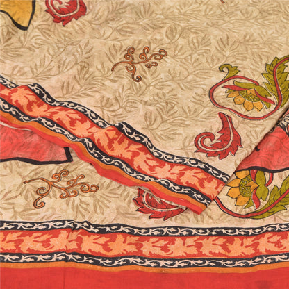 Sanskriti Vintage Sarees Cream 100%Pure Crepe Silk Printed Sari 5yd Craft Sustainable Fabric