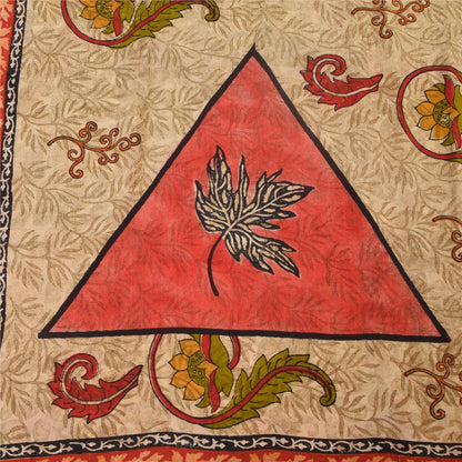 Sanskriti Vintage Sarees Cream 100%Pure Crepe Silk Printed Sari 5yd Craft Sustainable Fabric