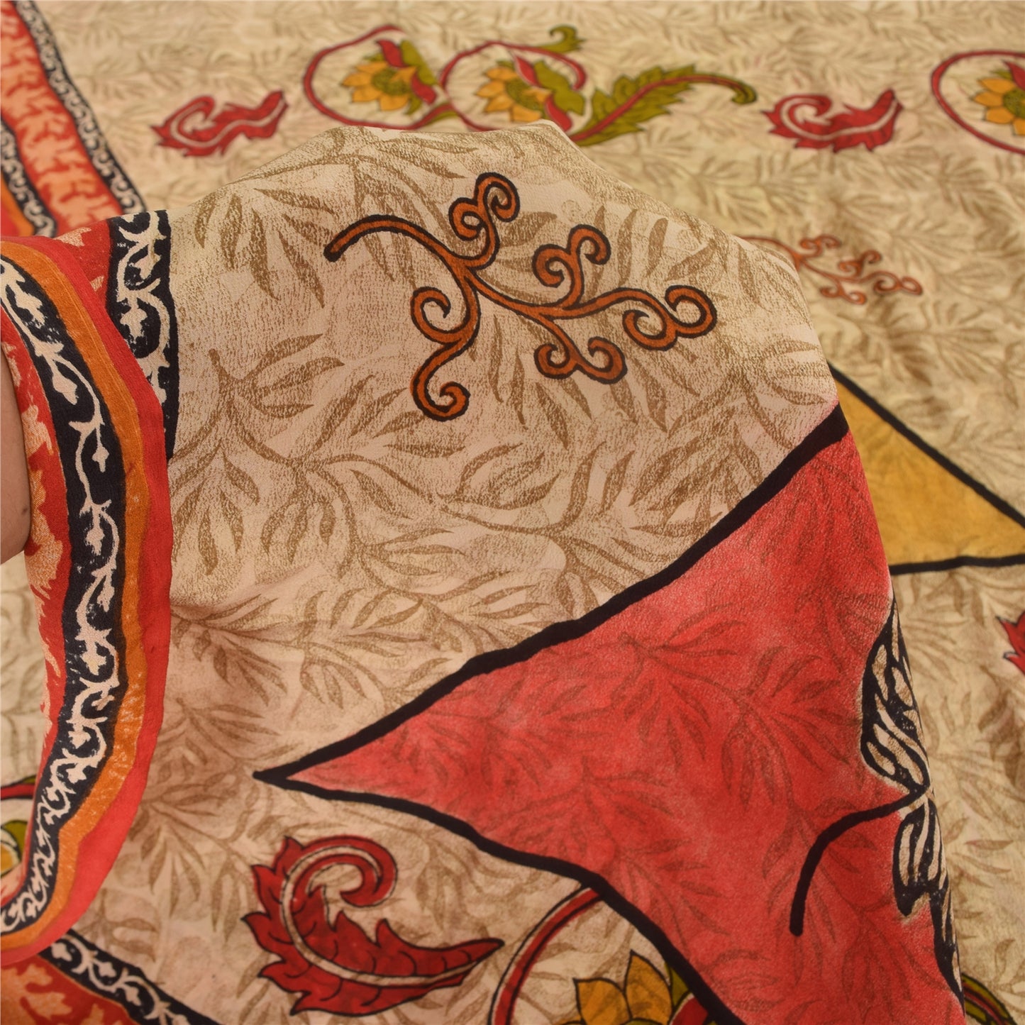 Sanskriti Vintage Sarees Cream 100%Pure Crepe Silk Printed Sari 5yd Craft Sustainable Fabric