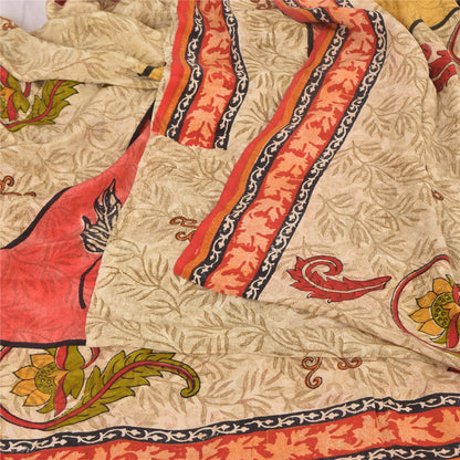 Sanskriti Vintage Sarees Cream 100%Pure Crepe Silk Printed Sari 5yd Craft Sustainable Fabric
