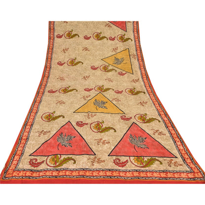 Sanskriti Vintage Sarees Cream 100%Pure Crepe Silk Printed Sari 5yd Craft Sustainable Fabric