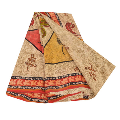 Sanskriti Vintage Sarees Cream 100%Pure Crepe Silk Printed Sari 5yd Craft Sustainable Fabric