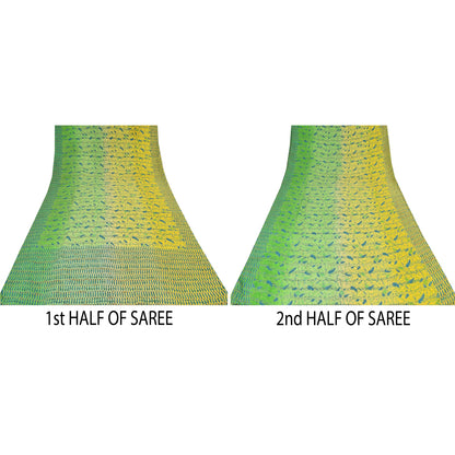 Sanskriti Vintage Sarees Gul/Grøn Ren Crepe Silke Trykt Sari Håndværk Bæredygtigt Stoff