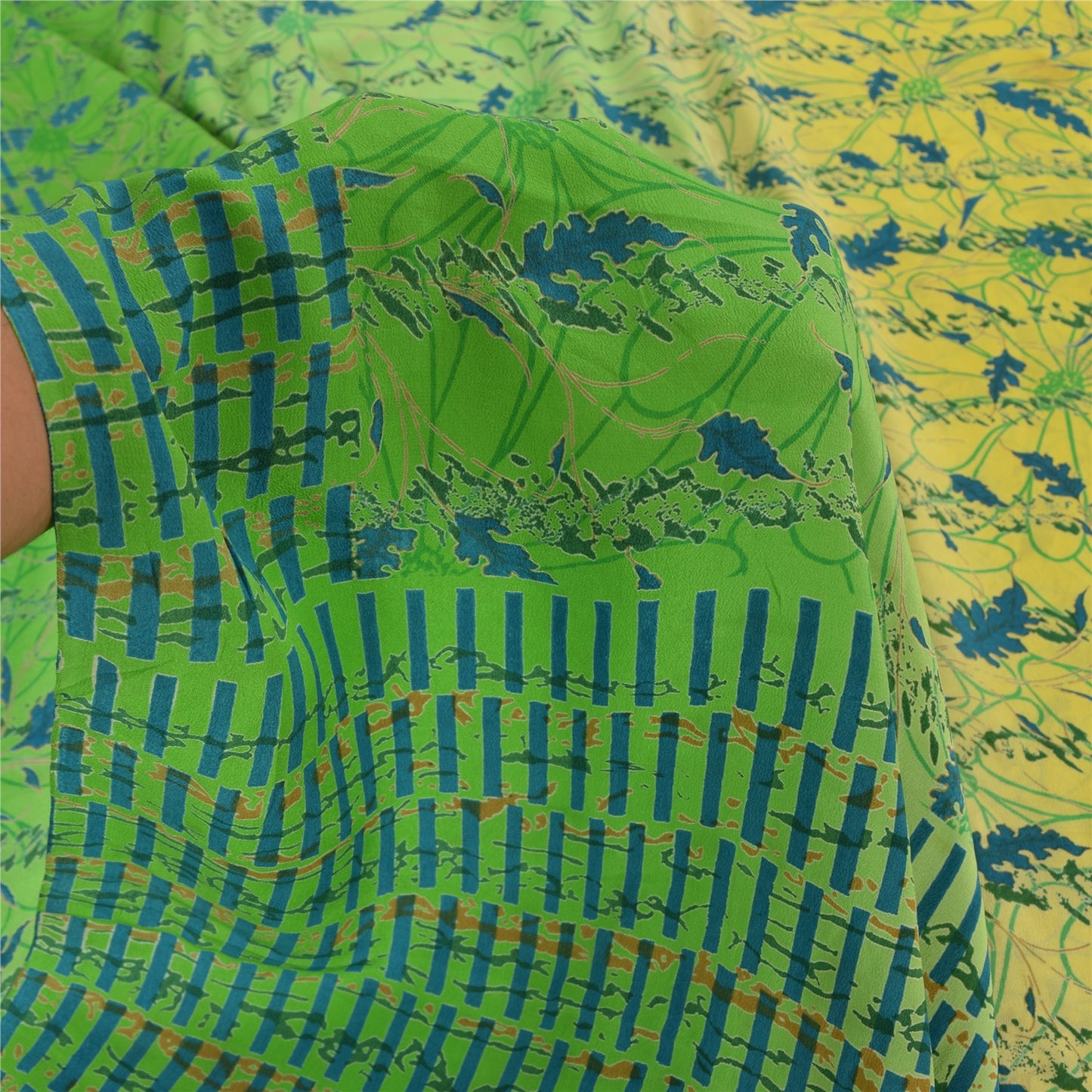 Sanskriti Vintage Sarees Gul/Grøn Ren Crepe Silke Trykt Sari Håndværk Bæredygtigt Stoff