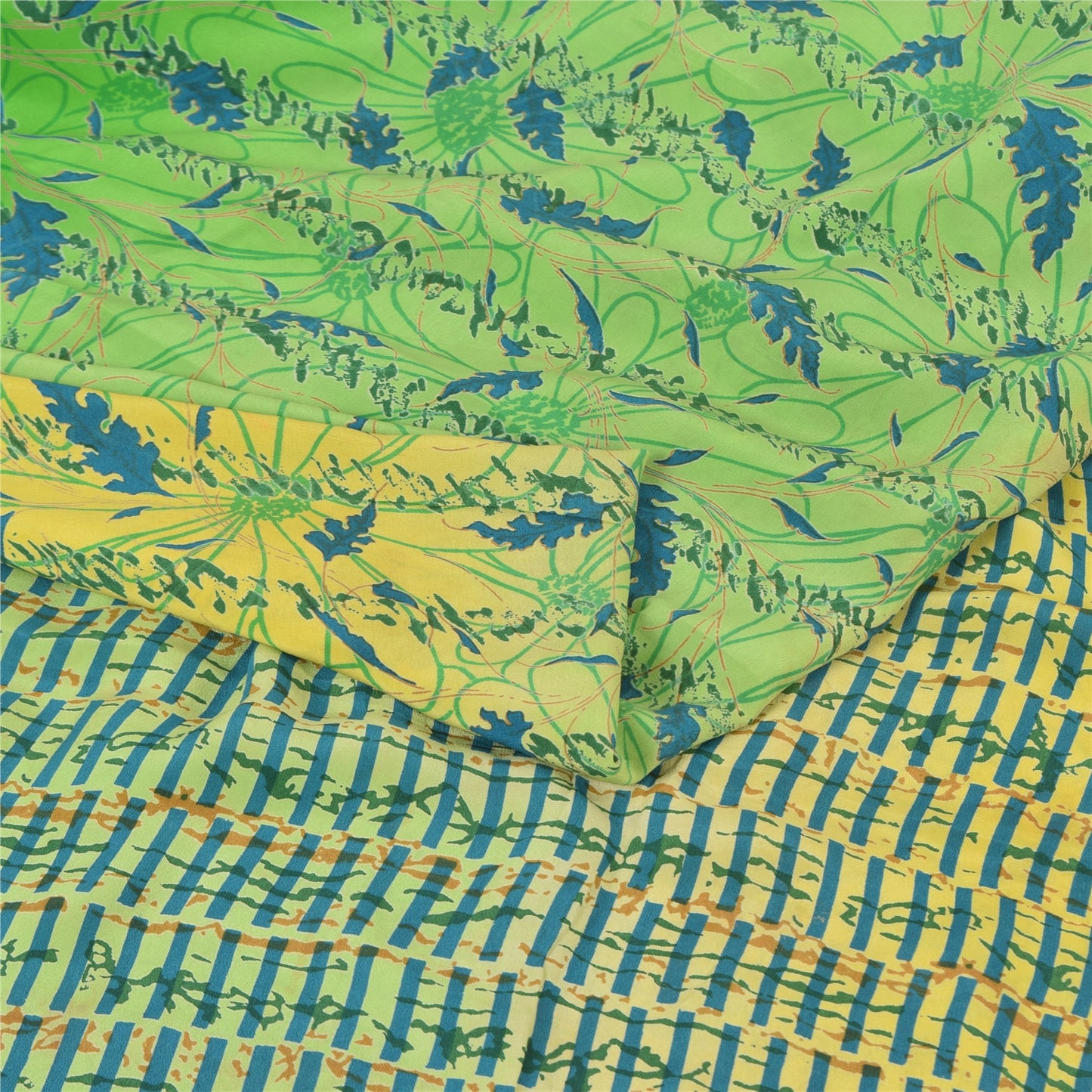 Sanskriti Vintage Sarees Gul/Grøn Ren Crepe Silke Trykt Sari Håndværk Bæredygtigt Stoff