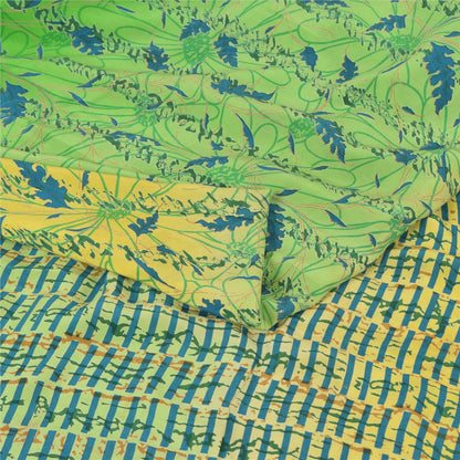 Sanskriti Vintage Sarees Gul/Grøn Ren Crepe Silke Trykt Sari Håndværk Bæredygtigt Stoff