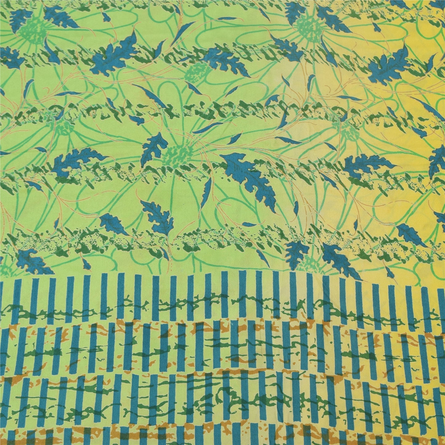 Sanskriti Vintage Sarees Gul/Grøn Ren Crepe Silke Trykt Sari Håndværk Bæredygtigt Stoff