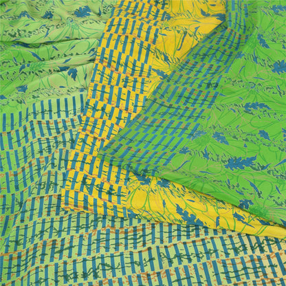 Sanskriti Vintage Sarees Gul/Grøn Ren Crepe Silke Trykt Sari Håndværk Bæredygtigt Stoff