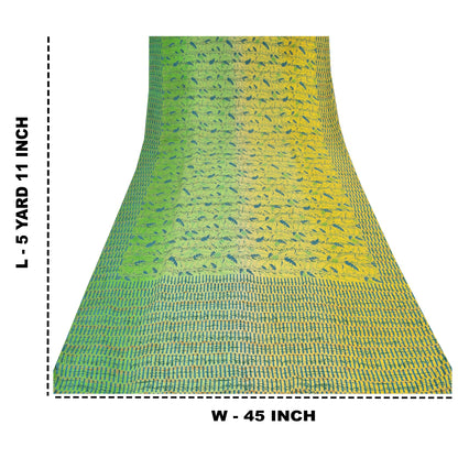 Sanskriti Vintage Sarees Gul/Grøn Ren Crepe Silke Trykt Sari Håndværk Bæredygtigt Stoff