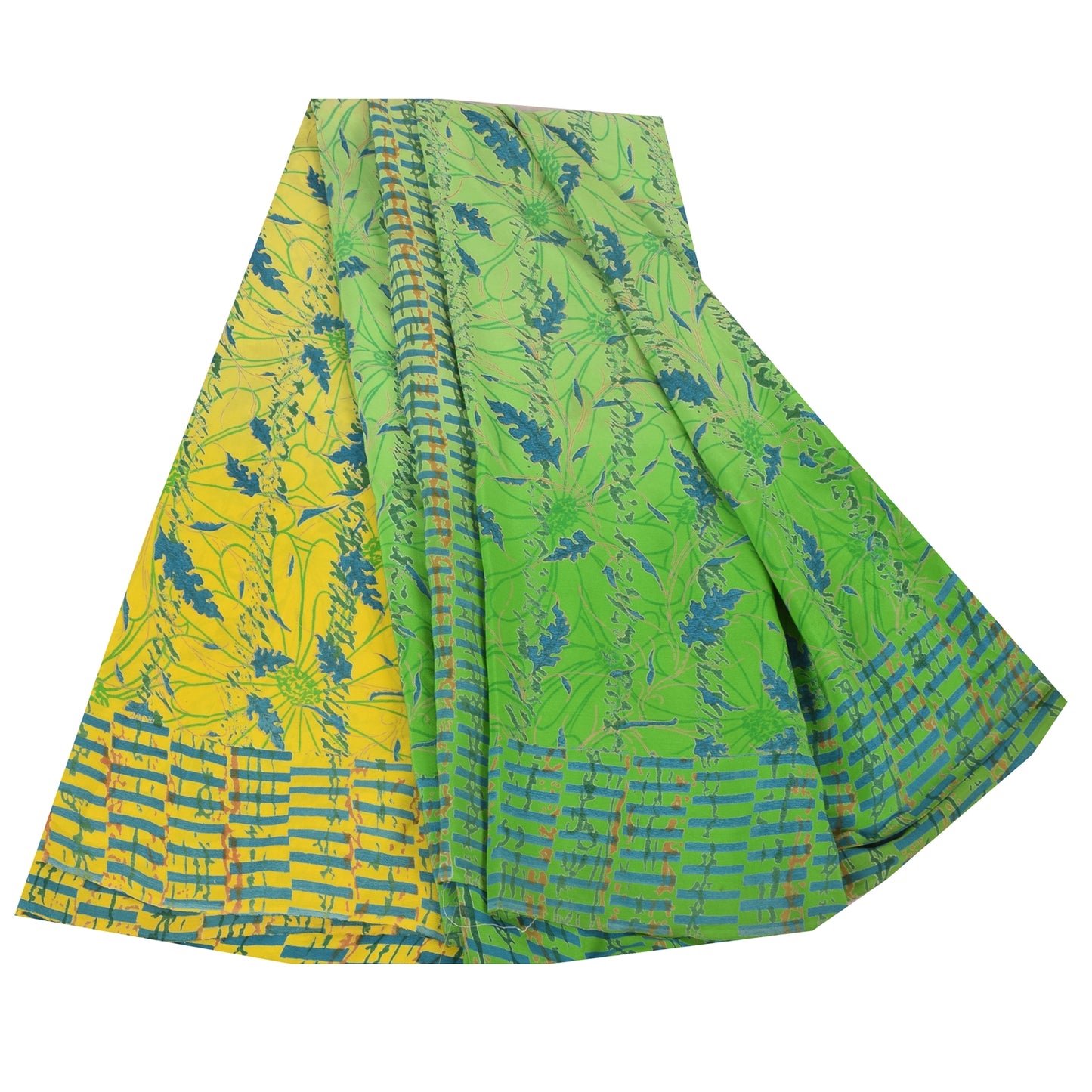 Sanskriti Vintage Sarees Gul/Grøn Ren Crepe Silke Trykt Sari Håndværk Bæredygtigt Stoff