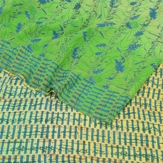 Sanskriti Vintage Sarees Yellow/Green Pure Crepe Silk Printed Sari Craft Sustainable Fabric