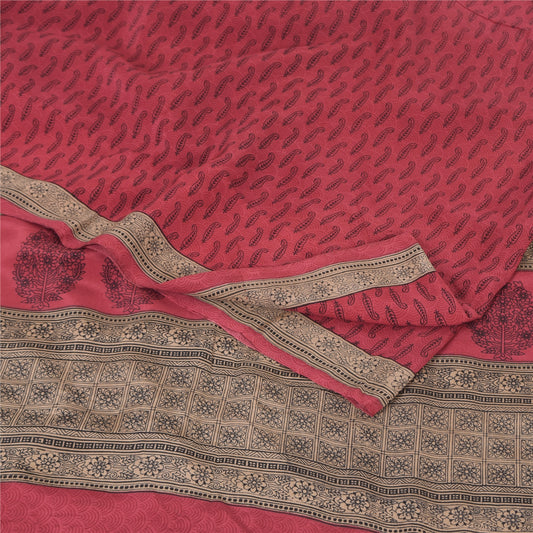 Sanskriti Vintage Sarees Reddish-Pink Pure Crepe Printed Sari 6yd Craft Sustainable Fabric