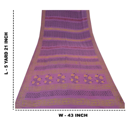 Sanskriti Vintage Sarees Purple Pure Crepe Silk Printed Sari 5yd Craft Sustainable Fabric