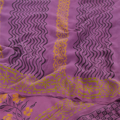 Sanskriti Vintage Sarees Purple Pure Crepe Silk Printed Sari 5yd Craft Sustainable Fabric