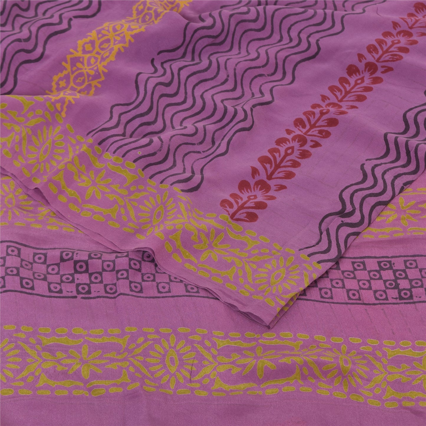 Sanskriti Vintage Sarees Purple Pure Crepe Silk Printed Sari 5yd Craft Sustainable Fabric