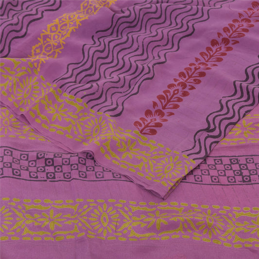 Sanskriti Vintage Sarees Purple Pure Crepe Silk Printed Sari 5yd Craft Sustainable Fabric