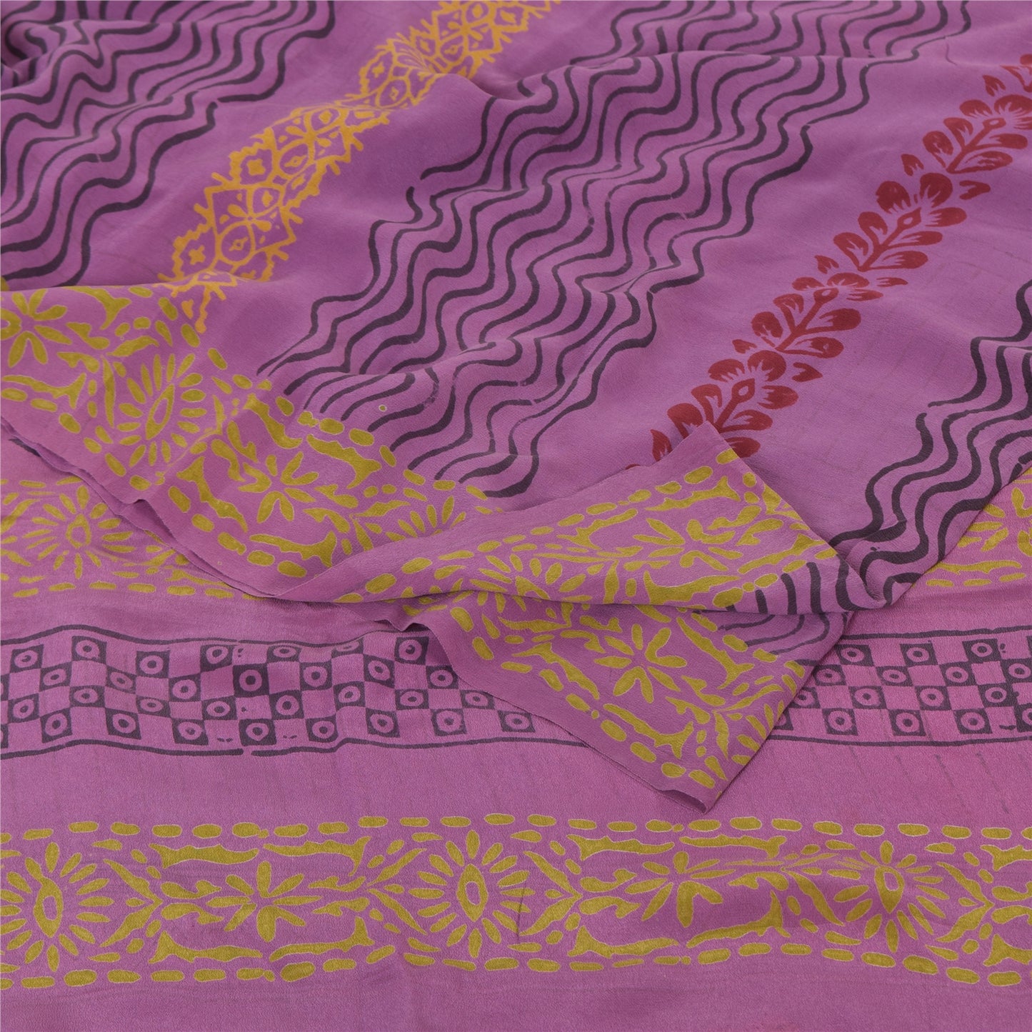 Sanskriti Vintage Sarees Purple Pure Crepe Silk Printed Sari 5yd Craft Sustainable Fabric