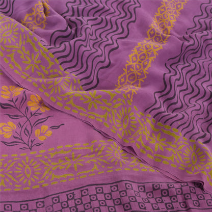 Sanskriti Vintage Sarees Purple Pure Crepe Silk Printed Sari 5yd Craft Sustainable Fabric
