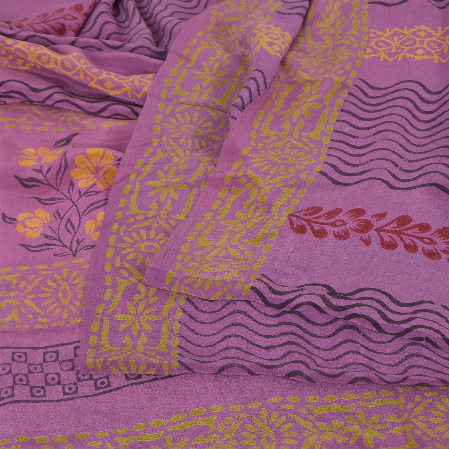 Sanskriti Vintage Sarees Purple Pure Crepe Silk Printed Sari 5yd Craft Sustainable Fabric