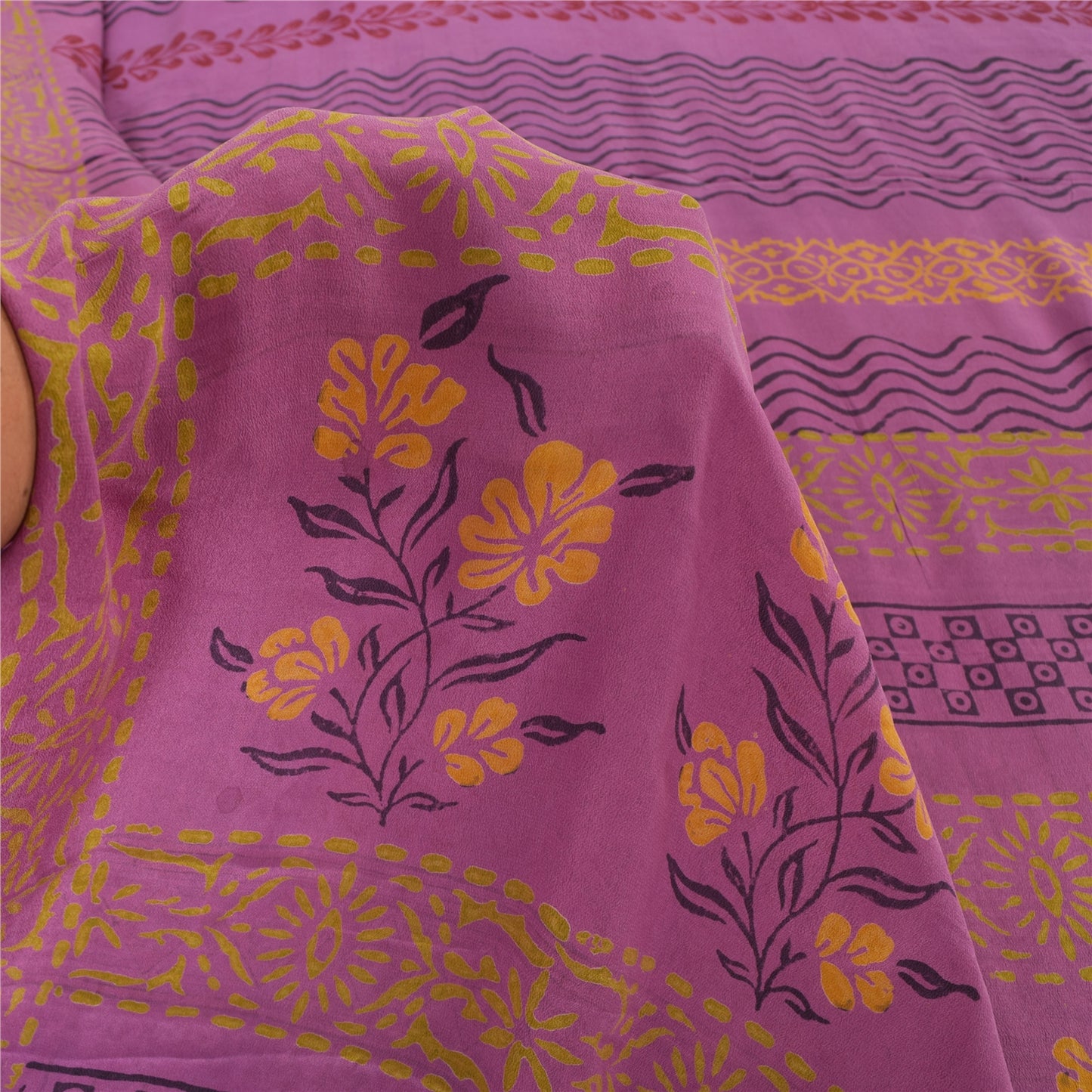 Sanskriti Vintage Sarees Purple Pure Crepe Silk Printed Sari 5yd Craft Sustainable Fabric