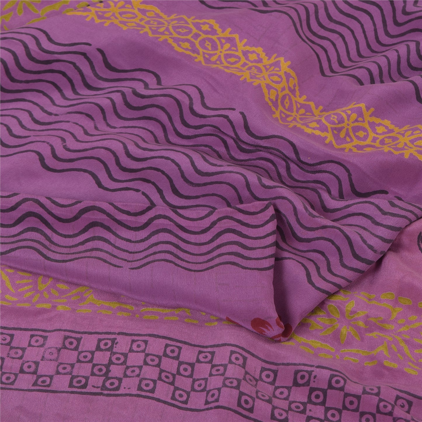 Sanskriti Vintage Sarees Purple Pure Crepe Silk Printed Sari 5yd Craft Sustainable Fabric