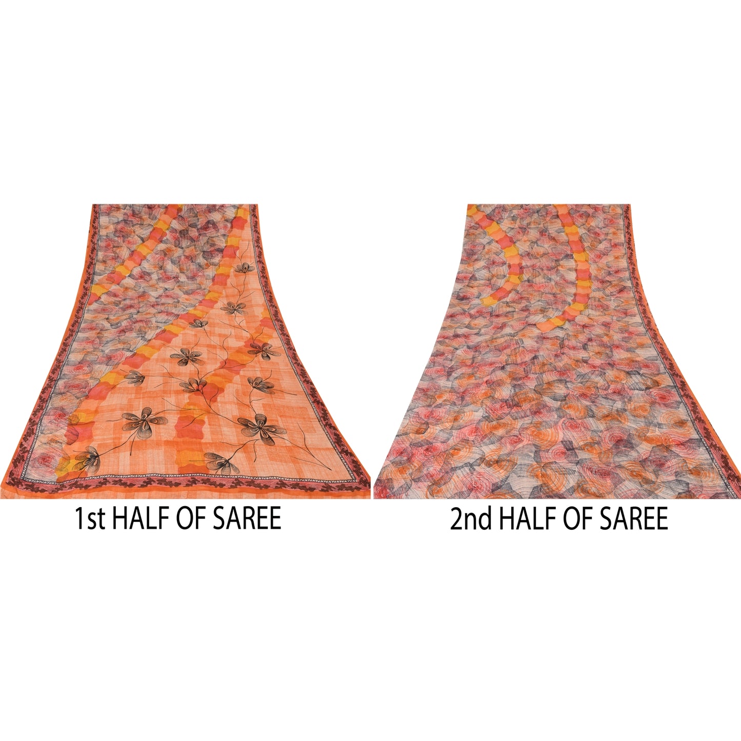 Sanskriti Vintage Sarees Orange Pure Crepe Silk Printed Sari 6yd Craft Sustainable Fabric