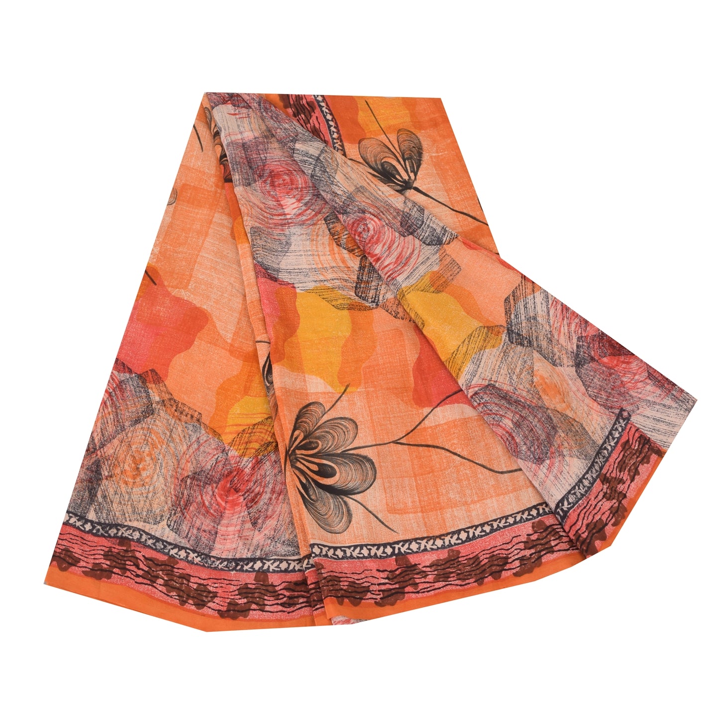Sanskriti Vintage Sarees Orange Pure Crepe Silk Printed Sari 6yd Craft Sustainable Fabric