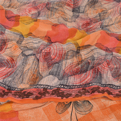 Sanskriti Vintage Sarees Orange Pure Crepe Silk Printed Sari 6yd Craft Sustainable Fabric