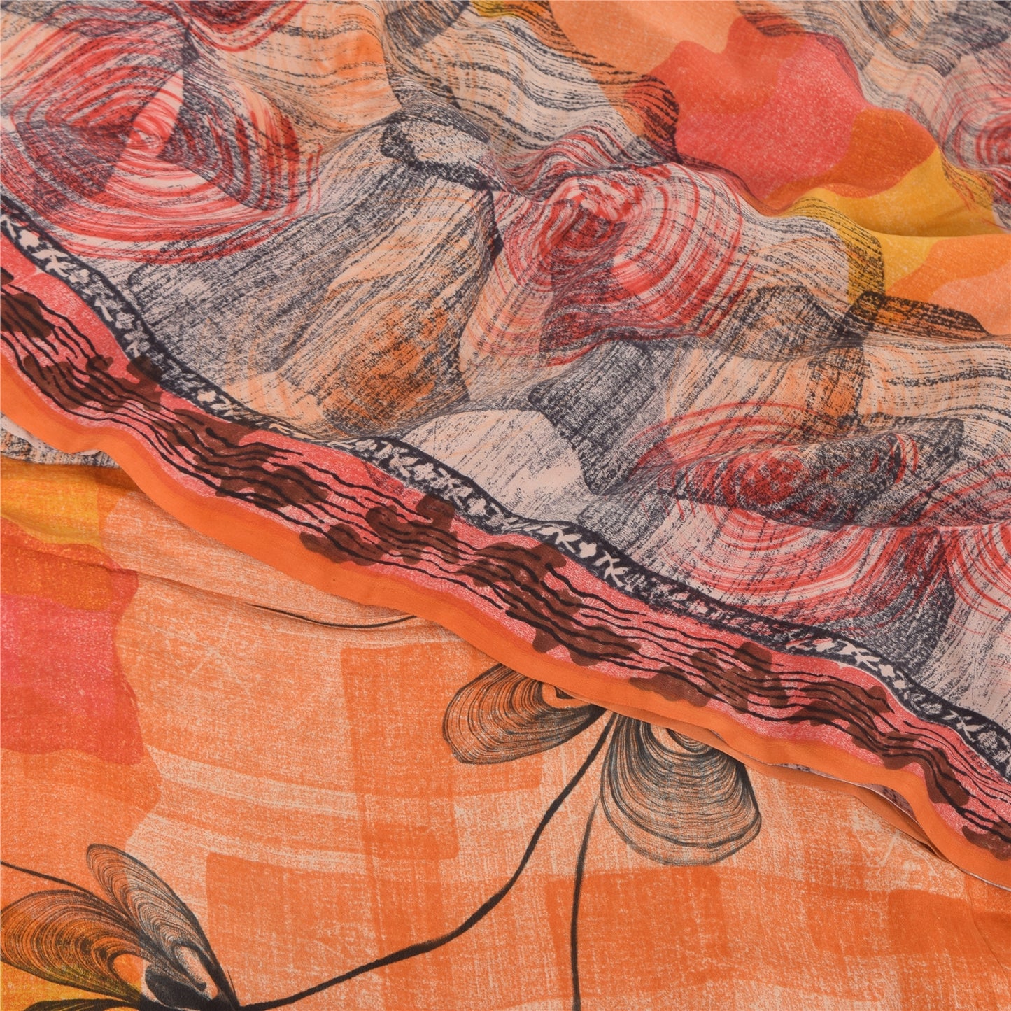 Sanskriti Vintage Sarees Orange Pure Crepe Silk Printed Sari 6yd Craft Sustainable Fabric