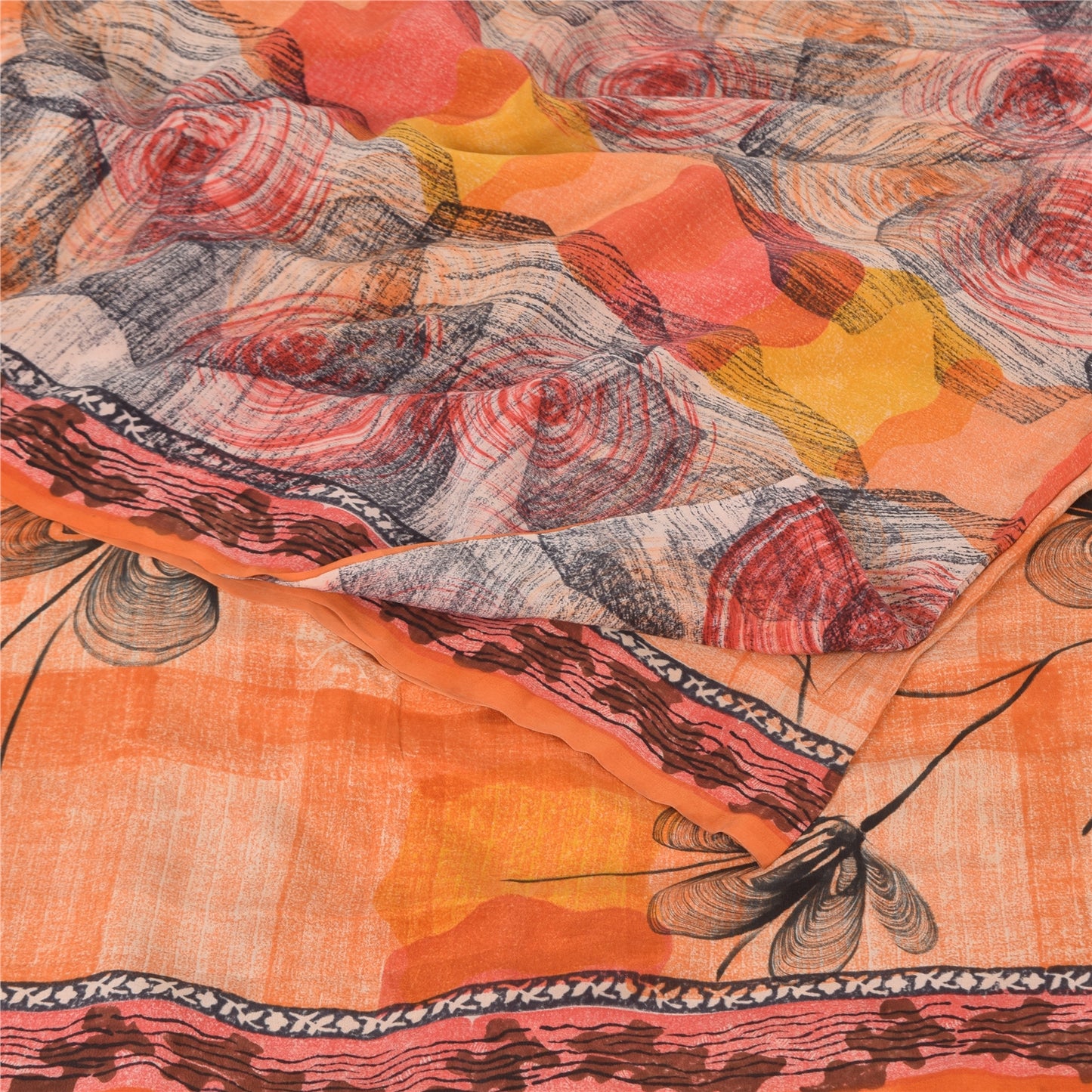 Sanskriti Vintage Sarees Orange Pure Crepe Silk Printed Sari 6yd Craft Sustainable Fabric
