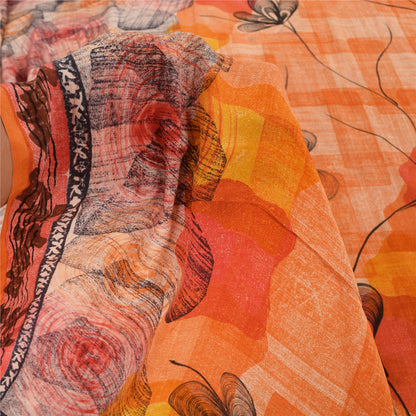 Sanskriti Vintage Sarees Orange Pure Crepe Silk Printed Sari 6yd Craft Sustainable Fabric