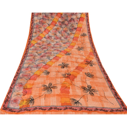 Sanskriti Vintage Sarees Orange Pure Crepe Silk Printed Sari 6yd Craft Sustainable Fabric